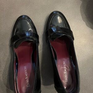 Black Enzo Angiolini block patent leather heels